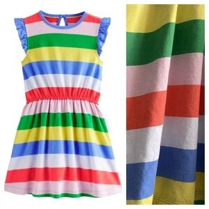 Mini Boden Rainbow Stripe Print Frill Sleeve Jersey Dress